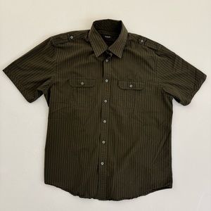 Dark Brown Alfani SS Large Button Up Shirt Light Vertical Pinstripes Relaxed Fit